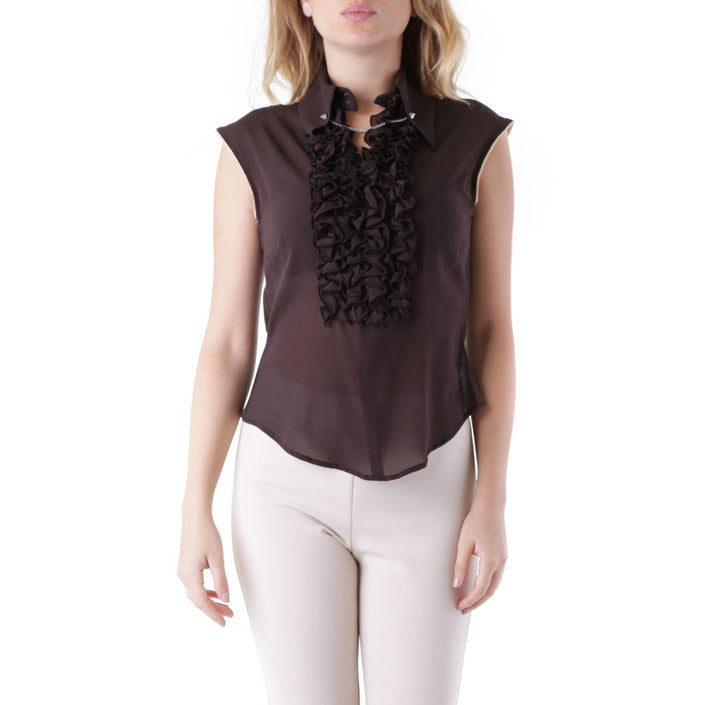 Blouse Marron en Soie avec Col à Volants